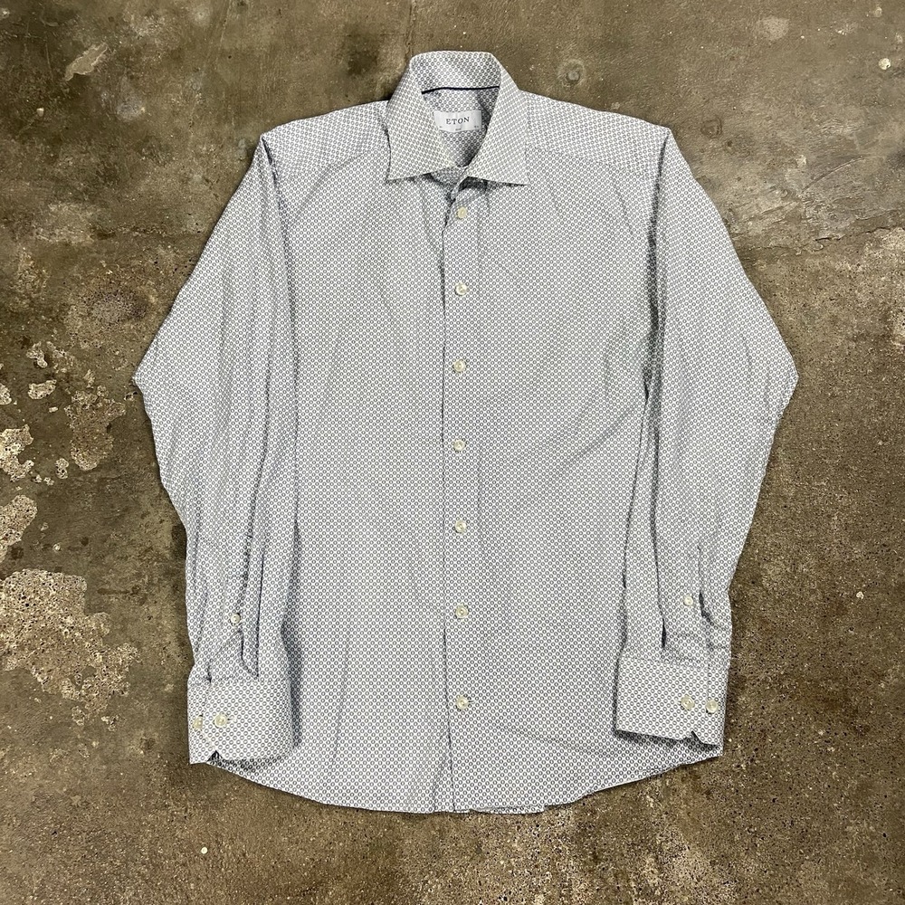 Eton Button Down Dress Shirt Size 15.5 White Blue Pattern Long Sleeve Slim Fit